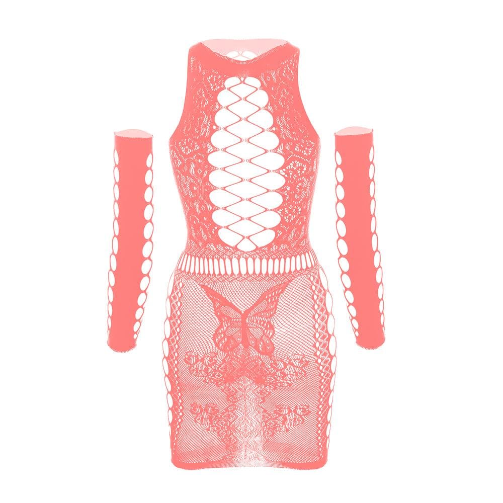 Gloves lace fishnet diamond pattern mini dress