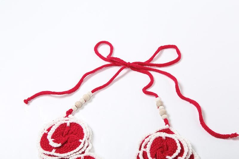 Flower applique beaded v neck self tie bra top