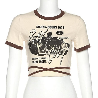 Short sleeve print self tie back crop top