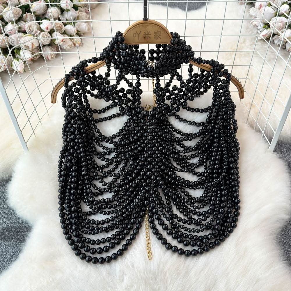 Beaded high neck hollow out metal chain cut out top