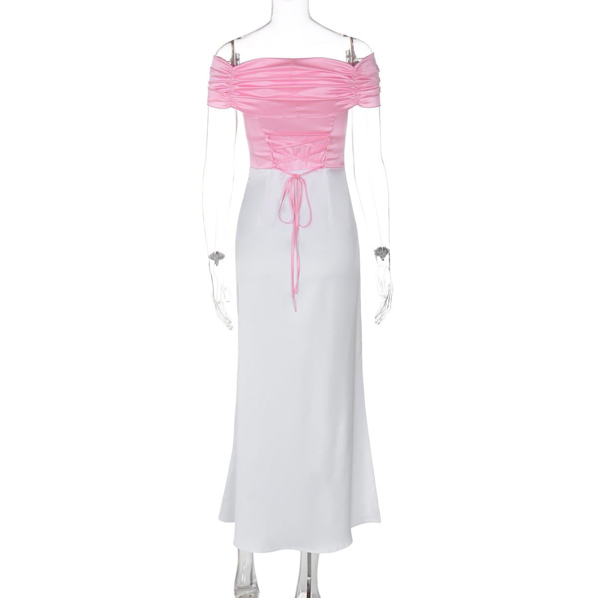 Short sleeve off shoulder ruched satin lace up midi dress
