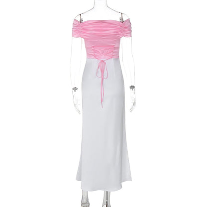 Short sleeve off shoulder ruched satin lace up midi dress