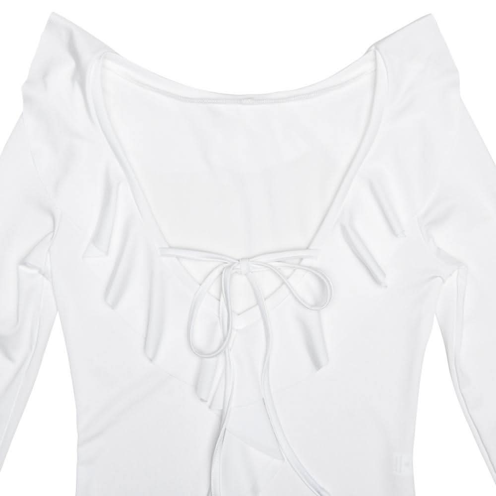 Long flared sleeve v neck self tie ruffle mini dress