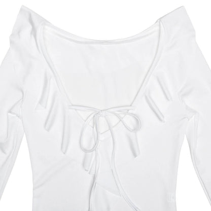 Long flared sleeve v neck self tie ruffle mini dress