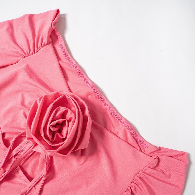 Flower applique hollow out ruched long flared sleeve cut out mini dress