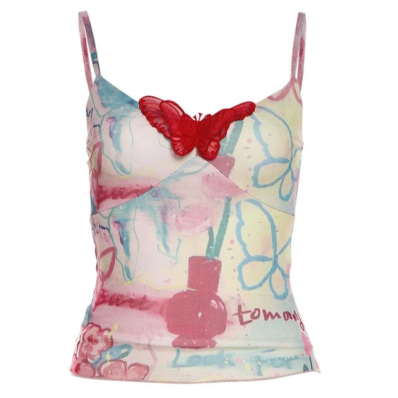 V neck print butterfly applique backless cami top