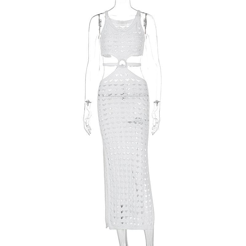 U neck knitted o ring see through tank midi dress