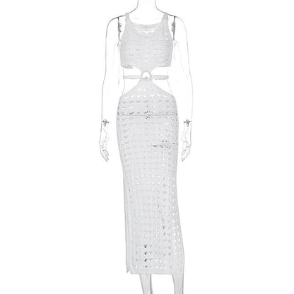 U neck knitted o ring see through tank midi dress