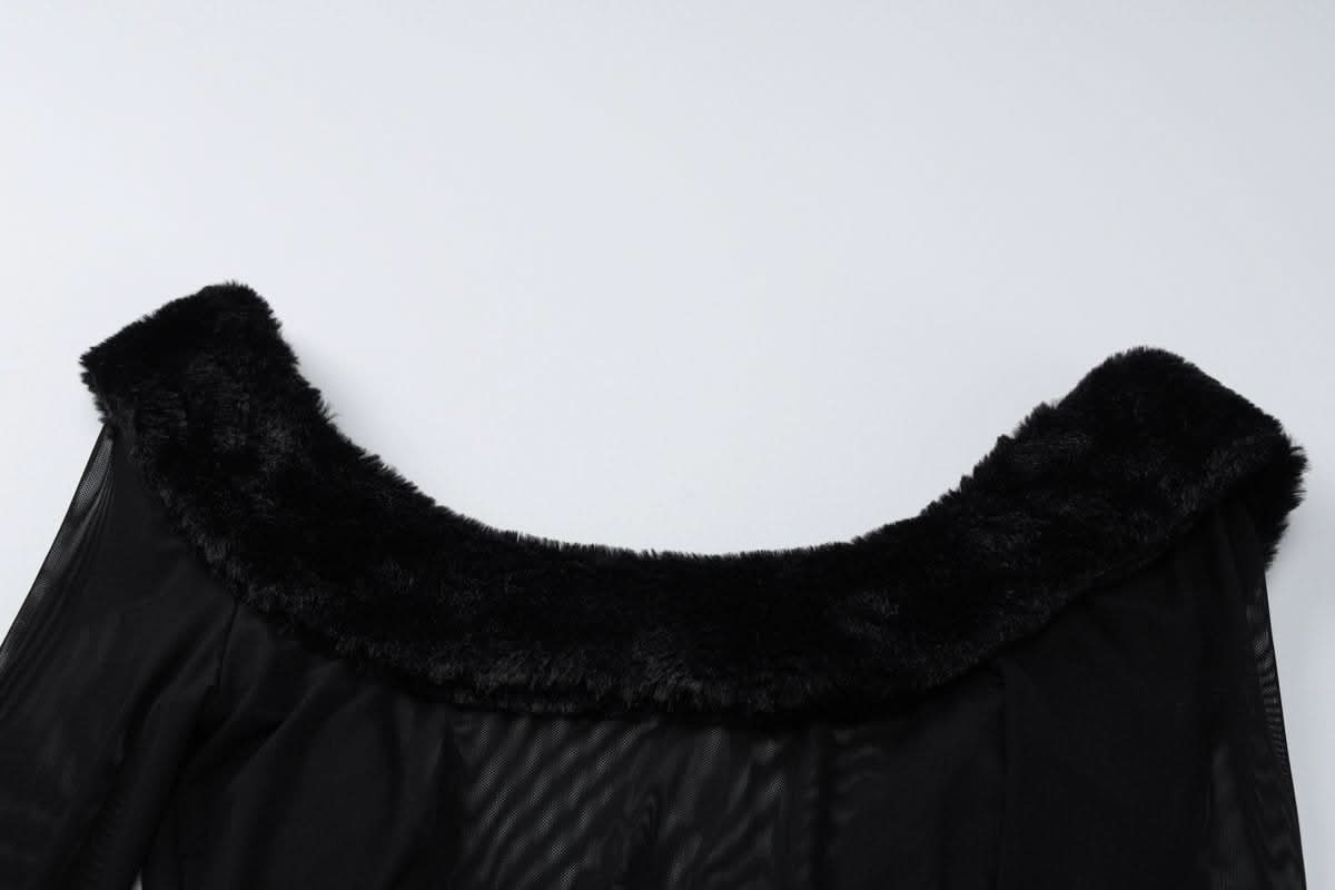 Long sleeve u neck fluffy mesh see through mini dress