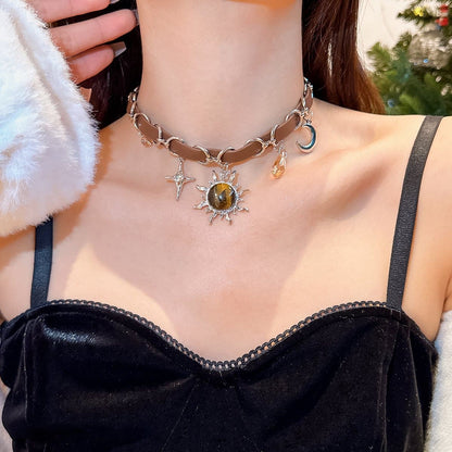 Sun pendant PU leather choker necklace