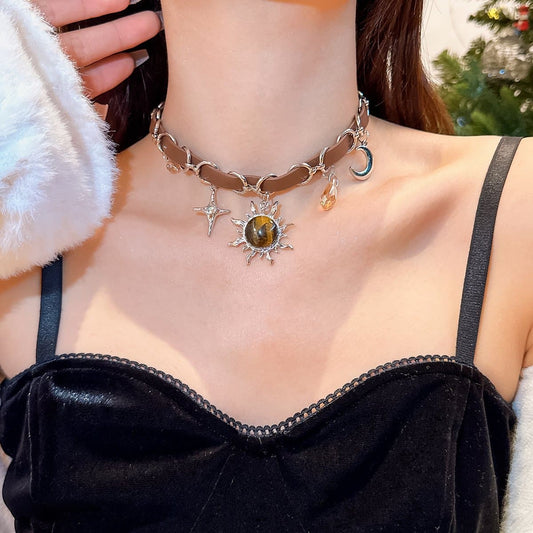 Sun pendant PU leather choker necklace