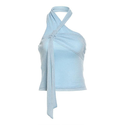 Halter mesh backless glitter ruched top