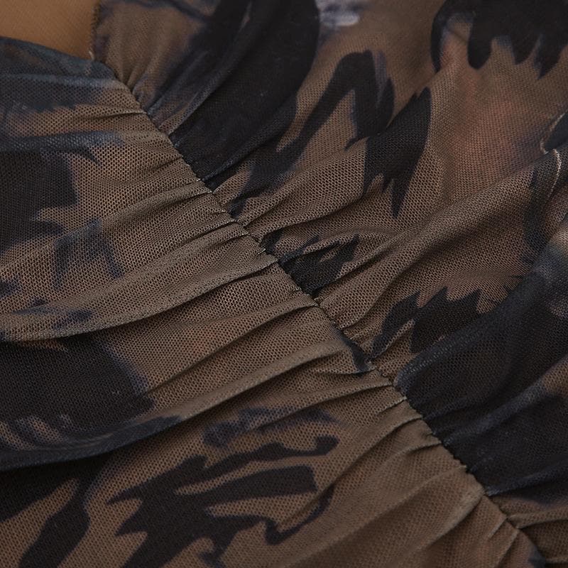 Long sleeve v neck ruched ruffle print sheer mesh stitch top