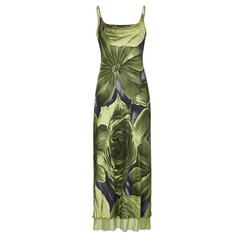 U neck flower print mesh cami maxi dress-final-sale