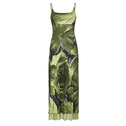 U neck flower print mesh cami maxi dress-final-sale
