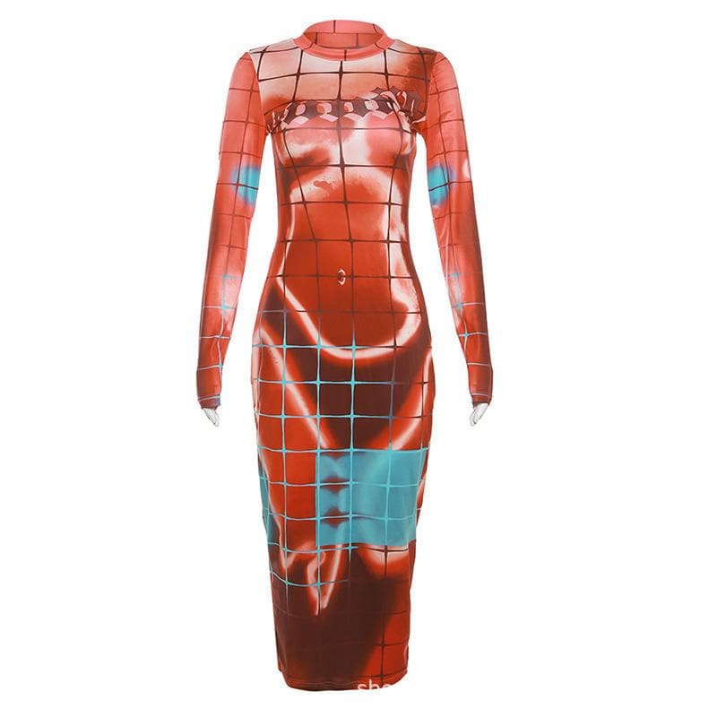 Long Sleeve Crewneck Grid Body Print Color Block Bodycon Maxi Dress
