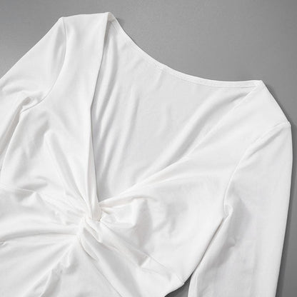 Long flared sleeve ruched v neck solid mini dress