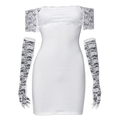 Off shoulder gloves patchwork lace mini dress