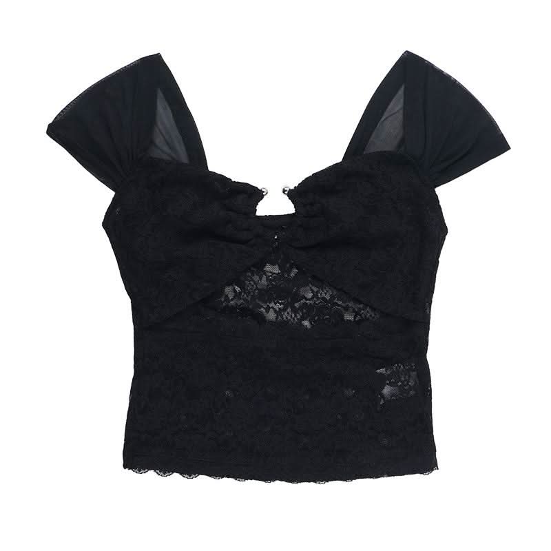 Hollow out lace cap sleeve v neck solid cut out top
