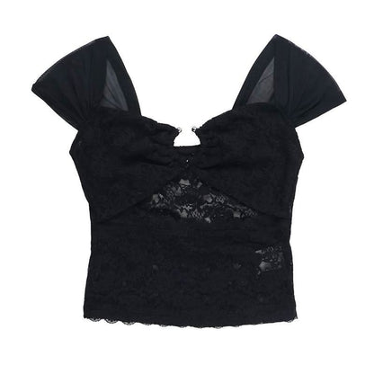 Hollow out lace cap sleeve v neck solid cut out top