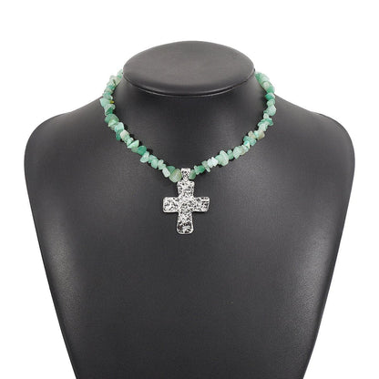 Cross pendant beaded metal chain necklace