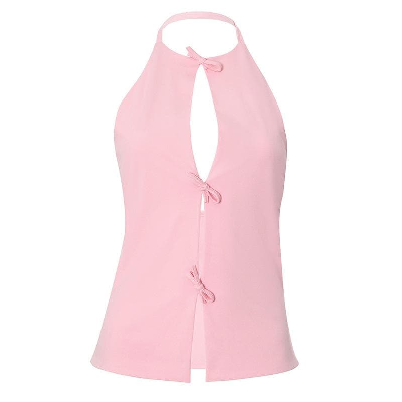 Halter knotted hollow out backless cut out top
