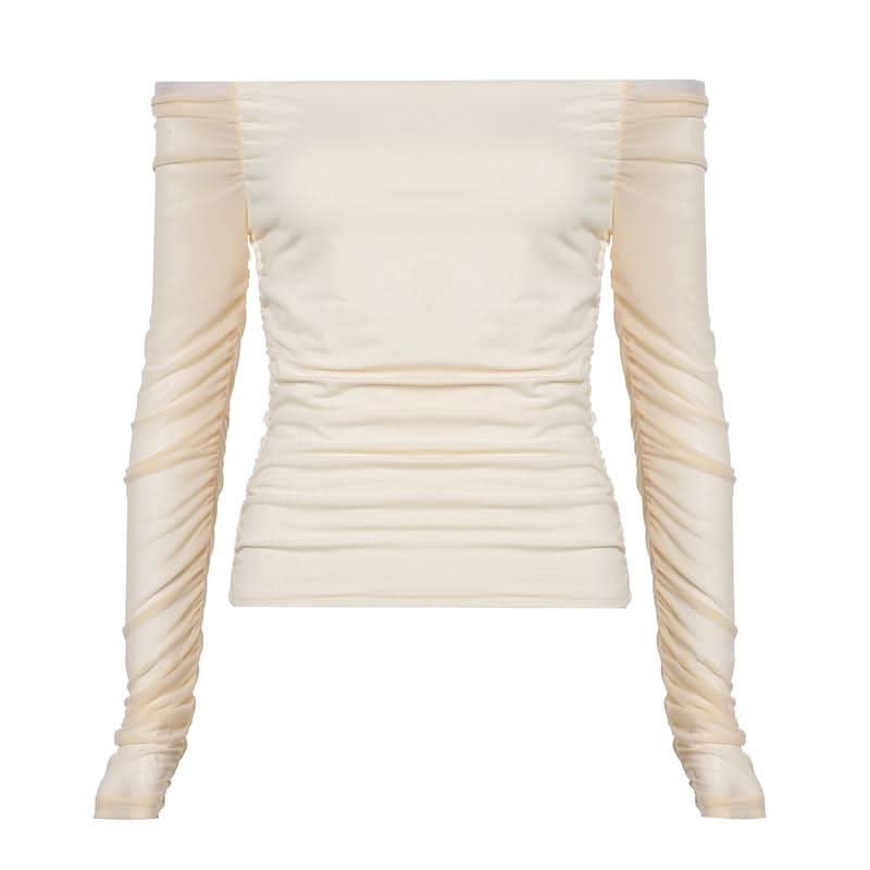 Long sleeve off shoulder mesh ruched top