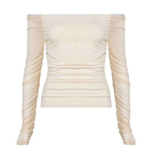 Long sleeve off shoulder mesh ruched top