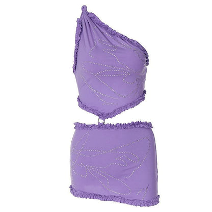 Sleeveless one shoulder ruffle beaded mini skirt set