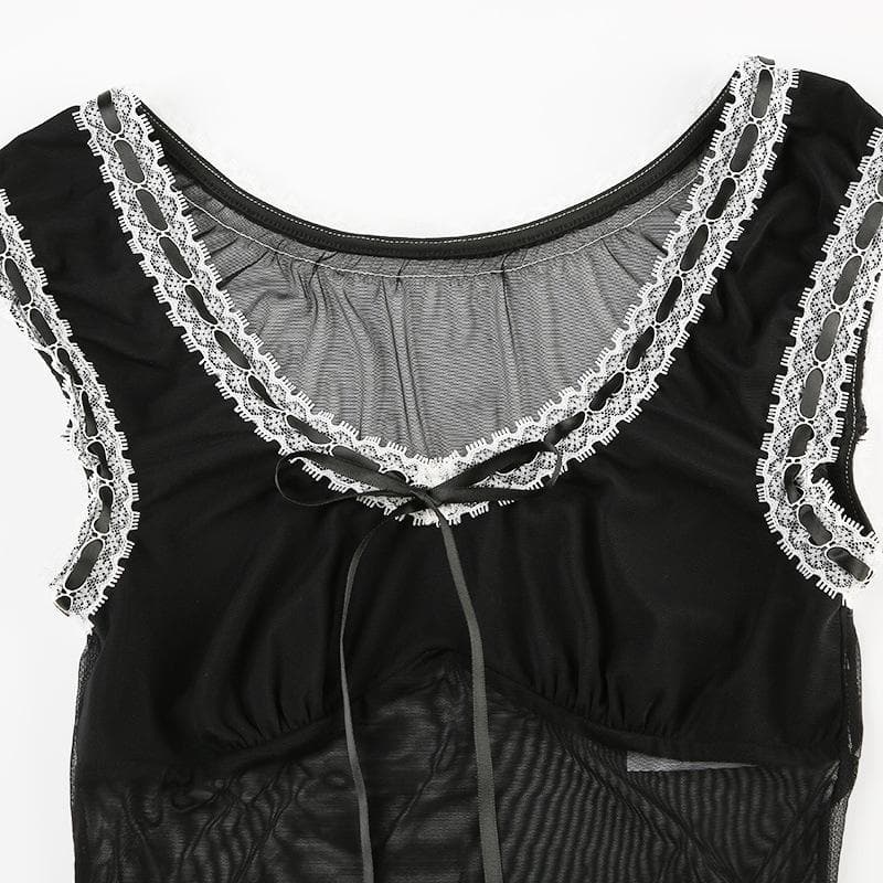 Lace hem mesh bowknot ribbon ruffle top