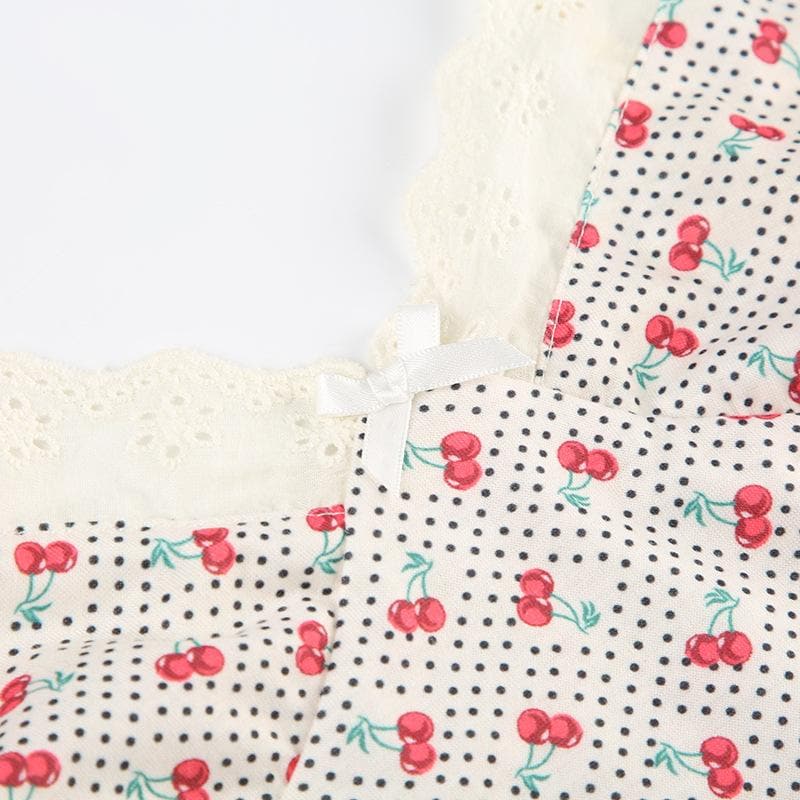 V neck cherry print bowknot lace hem polka dot cami top