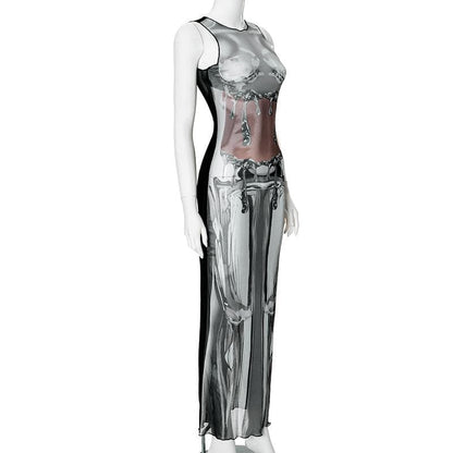 Sleeveless crewneck body print sheer mesh maxi dress