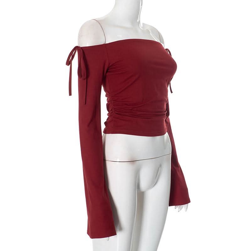 Off shoulder long sleeve ruched self tie top