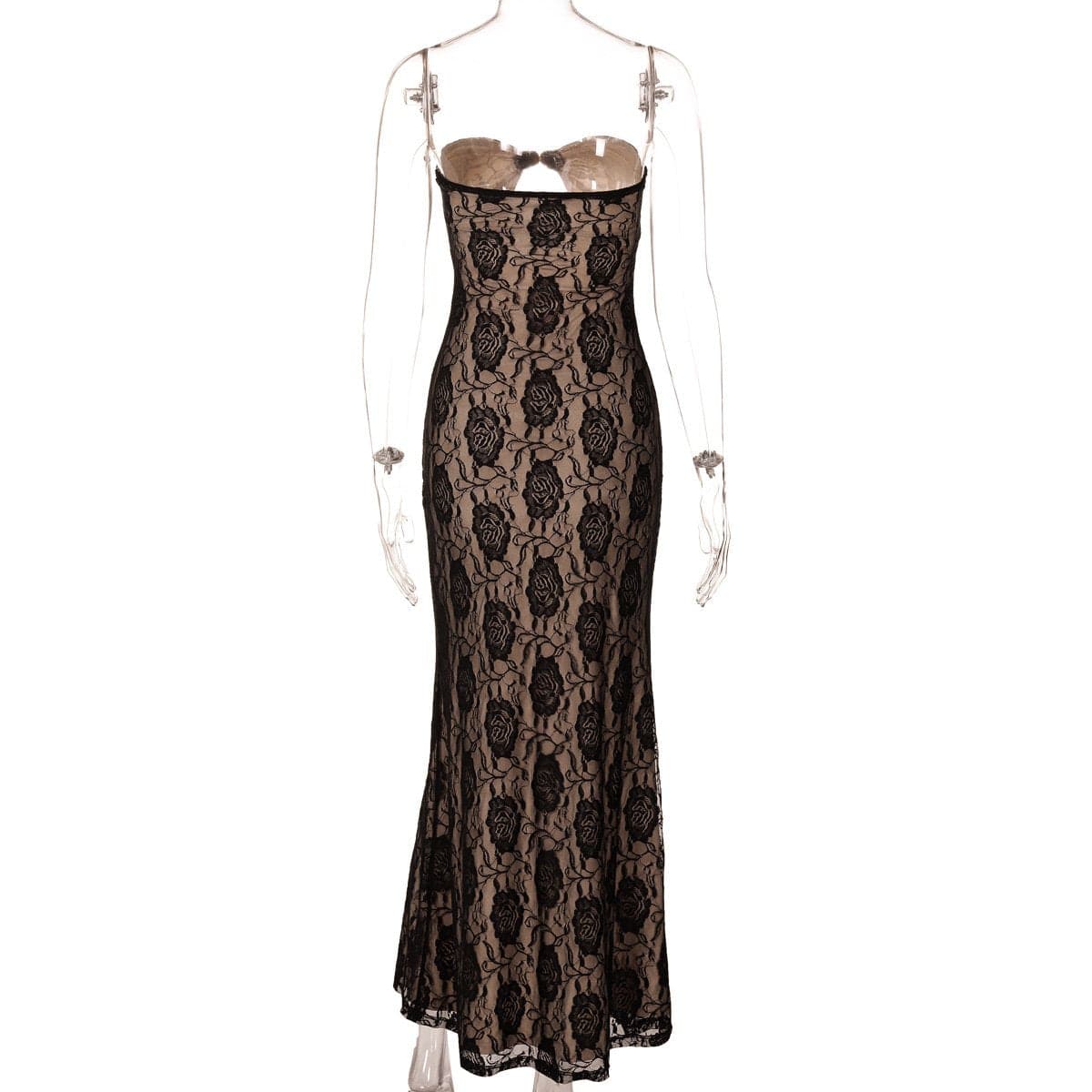 Metal applique hollow out lace tube cut out maxi dress