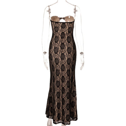 Metal applique hollow out lace tube cut out maxi dress
