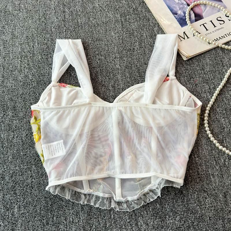 Flower embroidery bustier mesh cami top