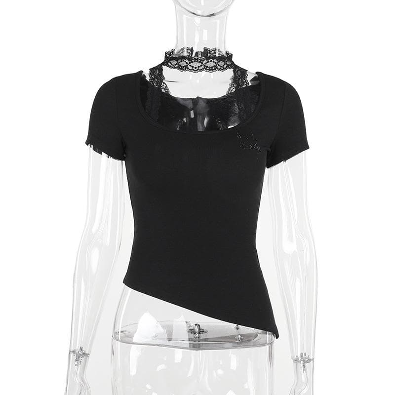 Short sleeve u neck halter lace irregular top