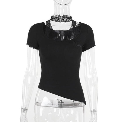 Short sleeve u neck halter lace irregular top