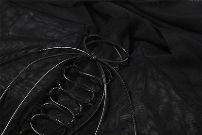 Mesh ruched lace up cami mini dress