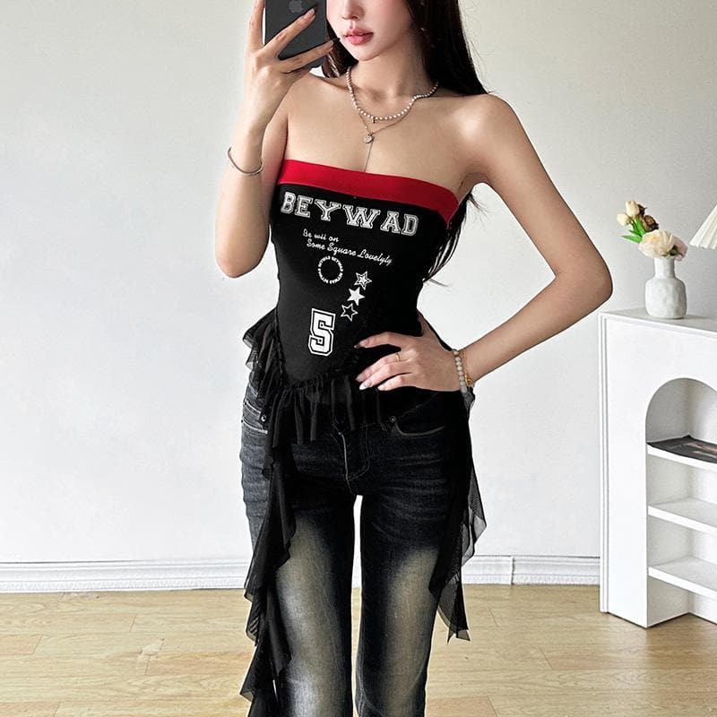 Ribbed “BEYWAD” print patchwork ruffle tube top