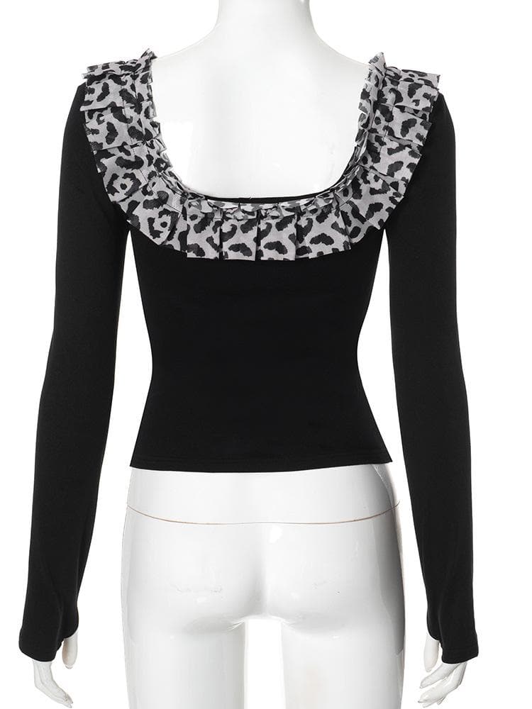 Long sleeve u neck leopard print patchwork top