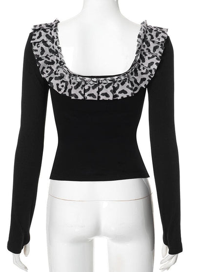 Long sleeve u neck leopard print patchwork top