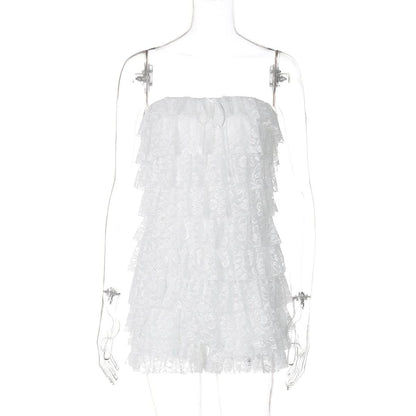 Bowknot lace backless ruffle tube mini dress