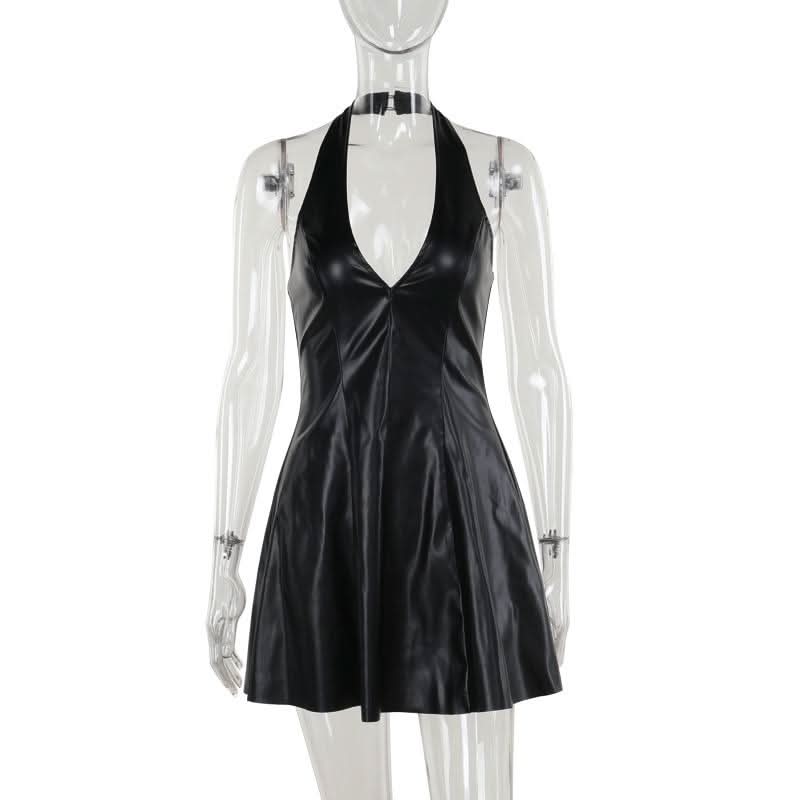 Halter v neck PU leather zip-up button mini dress