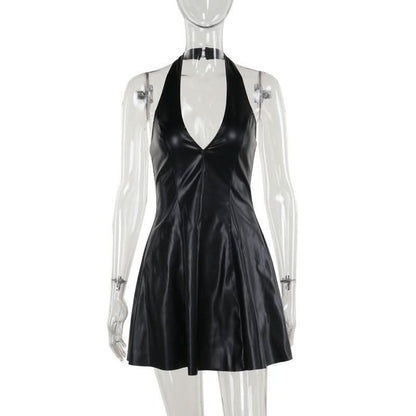 Halter v neck PU leather zip-up button mini dress