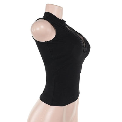 Sleeveless crewneck cross pattern solid top