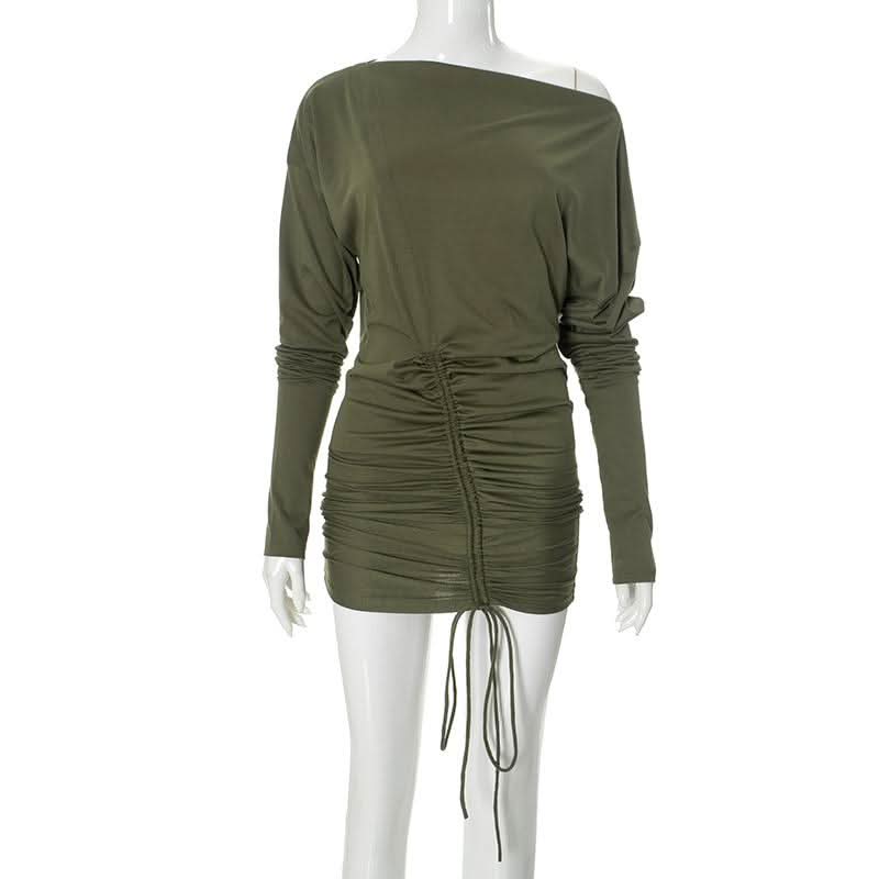 Ruched drawstring self tie long sleeve irregular mini dress