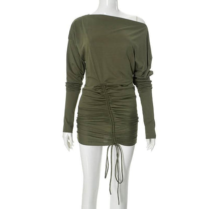 Ruched drawstring self tie long sleeve irregular mini dress