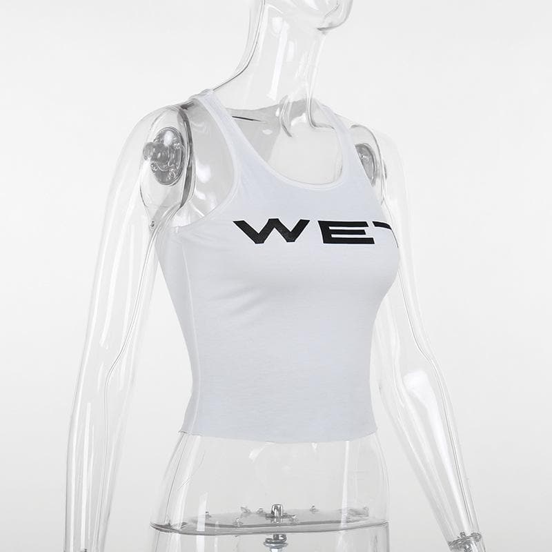 Sleeveless u neck “wet” print tank top