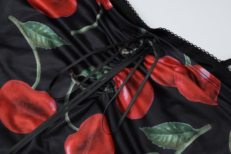 Fruit print lace hem knotted cami maxi dress